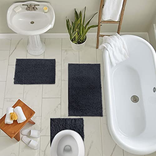 LuxUrux 3-Piece Bathroom Rug Set – Plush Chenille Bath Mats & U-Shaped Toilet Mat, Ultra-Soft, Absorbent & Non-Slip (20x20 U, 16x24 & 20x30 inches, Charcoal) - color: Charcoal, size: 3 Piece Set