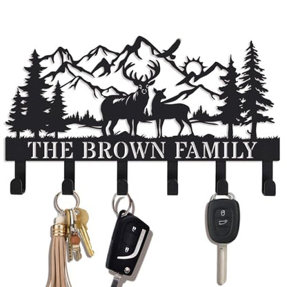 Personalization Deer Mountain Metal Key Holder custom Wall Mount Key Holder for Wall Rustic Cabin Decor Key Rack Hooks Hanger Woodland Wildlife Wall Art Entryway Organizer Housewarming Hunting Gifts - size: Small, style: Custom