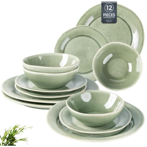AmorArc Ceramic Dinnerware Sets for 4, Handmade Plates and Bowls Sets | Stoneware Reactive Glaze Dish Set, Scratch Resistant, Dishware Set for Kitchen Wedding, Dishwasher & Microwave Safe, 12 Pcs - color: Olive Green