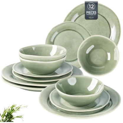 AmorArc Ceramic Dinnerware Sets for 4, Handmade Plates and Bowls Sets | Stoneware Reactive Glaze Dish Set, Scratch Resistant, Dishware Set for Kitchen Wedding, Dishwasher & Microwave Safe, 12 Pcs - color: Olive Green