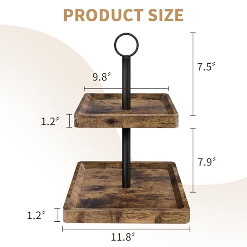 Tiered Tray Stand, Rustic 2 Tier Square Wood Serving Tray | Farmhouse Countertop Centerpiece, Cupcake Stand For Coffee Bars, Parties, Holiday Decor