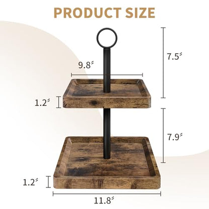 Tiered Tray Stand, Rustic 2 Tier Square Wood Serving Tray | Farmhouse Countertop Centerpiece, Cupcake Stand For Coffee Bars, Parties, Holiday Decor