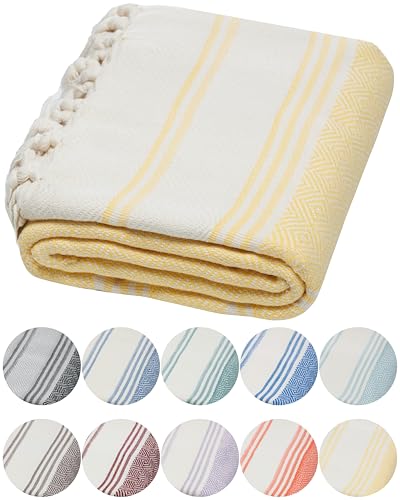 DEMMEX Organic Diamond Turkish Bath & Beach Towel | 100% Oeko-TEX Certified Turkish Cotton, Ultra-Soft, Quick-Dry, Lightweight, Oversized Luxury Peshtemal Towel, Prewashed, 71" x36, Butter Yellow - color: Butter Yellow