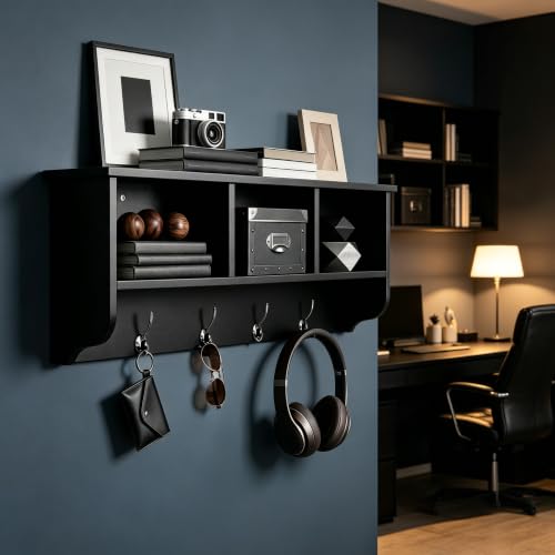 38.6inch Wall Mounted Entryway Coat Rack with Storage Shelf 4 Dual Hooks Wooden Storage Living Room Wall Cabinet with 3 Cubbies Space Saving Hanging Shelf for Hats Bags Coats (Espresso) - color: Espresso