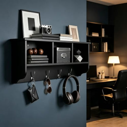38.6inch Wall Mounted Entryway Coat Rack with Storage Shelf 4 Dual Hooks Wooden Storage Living Room Wall Cabinet with 3 Cubbies Space Saving Hanging Shelf for Hats Bags Coats (Espresso) - color: Espresso