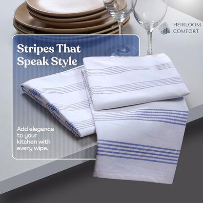 Indigo Blue Stripe Kitchen Towels, 3 Pack, 100% Cotton, Super Absorbent and Quick Dry, Multi Pin Striped Towel Set, Durable Dish Cloths for Kitchen Use, Cleaning & Drying Dishes - color: Indigo Blue, style: 3 Pack