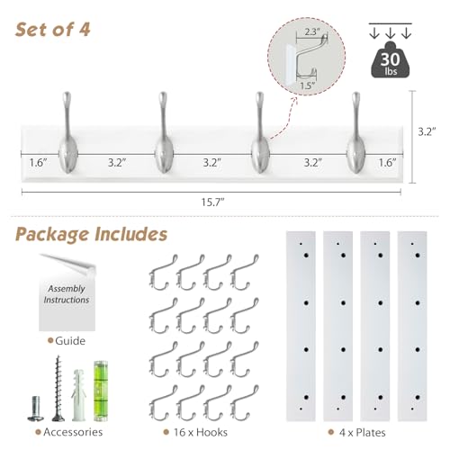 Forbena White Coat Rack Wall Mount 4-Pack, Coat Hanger Wall Mounted for Hanging Clothes Purse, Modern Key Holder Hooks for Closet Hat, Belt, Bag, Backpack, Leash (White and Silver - 16 Hooks) - color: Metal White Hooks and White
