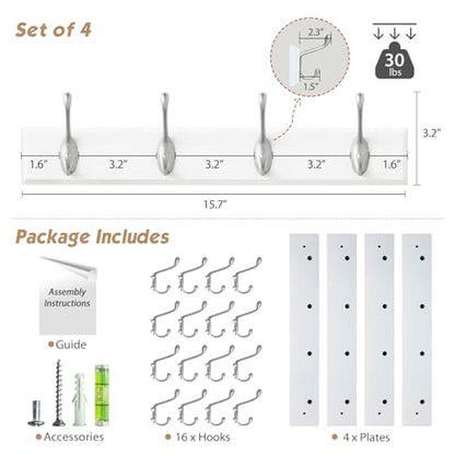 Forbena White Coat Rack Wall Mount 4-Pack, Coat Hanger Wall Mounted for Hanging Clothes Purse, Modern Key Holder Hooks for Closet Hat, Belt, Bag, Backpack, Leash (White and Silver - 16 Hooks) - color: Metal White Hooks and White