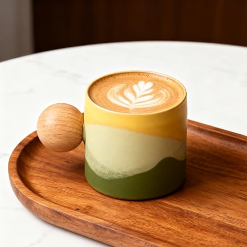 2.4oz Ceramic Espresso Cups Set of 4, Small Coffee Cups with Wooden Handle, Gradient Color Demitasse Cups, Ceramic Tea Cups Gift Box Packaging (Round Handle) - color: Round Handle