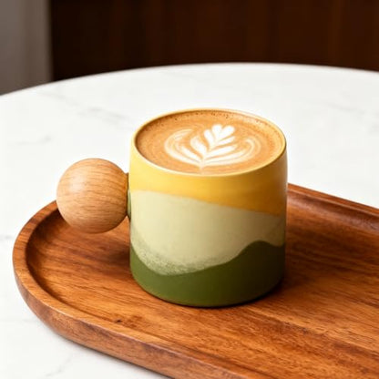 2.4oz Ceramic Espresso Cups Set of 4, Small Coffee Cups with Wooden Handle, Gradient Color Demitasse Cups, Ceramic Tea Cups Gift Box Packaging (Round Handle) - color: Round Handle
