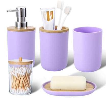 Bathroom Accessories Set 5Piece Light Purple Bathroom Sets, Toothbrush Holder, Toothbrush Cup, Lotion Soap Dispenser, Soap Dish and Qtip Holder Bathroom Decor - style: Light Purple