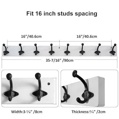 WEBI Rustic Coat Rack Wall Mount,35.43" Long Heavy Duty 8 Cast Iron Coat Hooks Wall Mounted Coat Hanger Hooks for Hanging Coats,Clothes,Jacket,Black on White,2 Packs - color: White, size: 35 Inch(2 Packs)