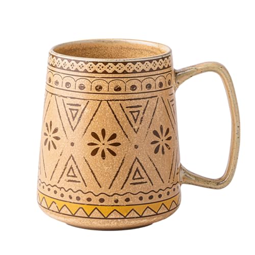 24oz Extra Large Ceramic Coffee Mug Vintage Boho Tea Cup with Handle | Oversized Pottery Latte Mug, Bohemian Style Wide Bottom Striped Coffee Mug, Lead-free, Microwave Dishwasher safe, Terra Cotta - color: Terra Cotta