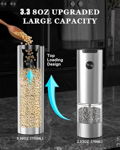 Electric Salt and Pepper Grinder Set with Rechargeable Base - Upgraded Large Capacity, Refillable Pepper Mill Set with LED Light & Adjustable Coarseness, Ideal for Kitchen, Outdoor (Light Silver) - color: Lighr Silver