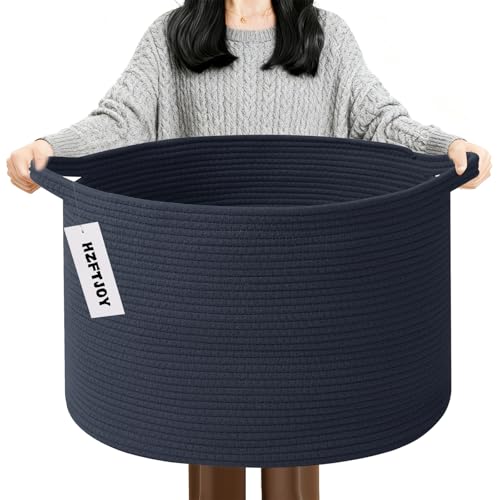 90L Extra Large Blanket Basket,Woven Rope Laundry Basket-Dark Blue | Collapsible, reinforced handles, nursery storage bin organizes clothes, toys and pillows for living room, bedroom bathroom - color: Dark Blue, size: 21.7"L x 21.7"W x 13.8"H（90L)