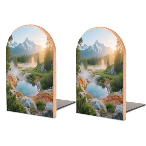 Personalized Wood Book Ends Metal Base Colorful Mountain Springs Printing Bookend Modern Heavy Duty Bookends for Home Or Office 1 Pair - color: Colorful Mountain Springs