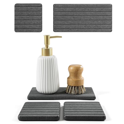 3 Pack Diatomite Stone Sink Tray, Water Absorbing Mat for Kitchen & Bathroom Counter, Quick Dry Soap Dish Makeup Vanity Caddy,Sponge Holder Organizer, Dark Gray 1pc of 8"x 3.8" and 2pcs of 3.8"x 3.8" - color: 3 Pack - Dark Gray - 1pc of 8"x 3.8" and 2pcs