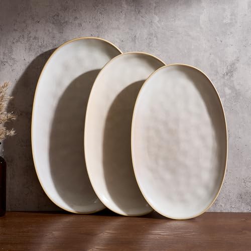 famiware Serving Platters Set of 3 Sizes - Oval, Cappuccino White | 15.59"/14.3"/12.9" Fine Stoneware Serving Trays for Party, Entertaining for Food, Turkey, Cheese, Microwave Dishwasher Safe - color: Cappuccino White