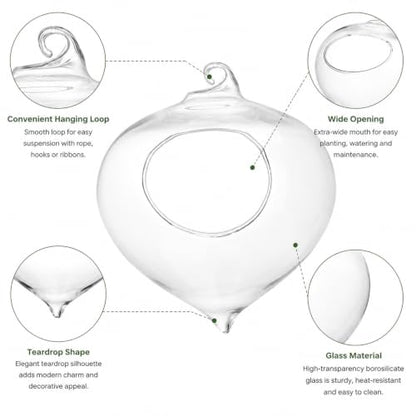 Hanging Glass Planter, 3.7x4.7in Teardrop Rope Terrarium, Transparent Hydroponic Vase for Indoor Herb Garden, Easy to Hang Air Plant Holder, Home Decoration