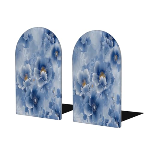 Blue Flower Floral 2Pcs Book Ends for Shelves Non-Skid Wood Bookends Decorative Back to School Books Holders Book Stoppers Bookshelf Accessories for Desk Home Office School Decor (1 Pair) - color: Blue Flower Floral