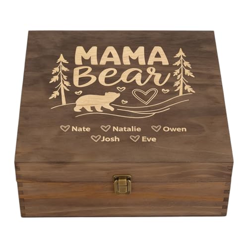 Personalized Wooden Memory Box for Mom – Custom Engraved Mama Bear Keepsake Box with Names, Mother’s Day Gift for Mom, Photo Storage & Memory Chest - style: 19. Mama Bear Designs