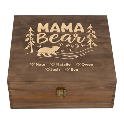 Personalized Wooden Memory Box for Mom – Custom Engraved Mama Bear Keepsake Box with Names, Mother’s Day Gift for Mom, Photo Storage & Memory Chest - style: 19. Mama Bear Designs