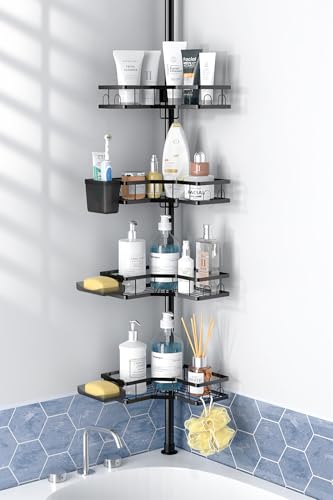 Adjustable Shower Caddy Tension Pole: Rustproof Corner Bathroom Shelves | 4-Tier 31-124" No Drill Standing Organizer Fits Apartments Rentals Bathroom Bathtub, for Shampoo, Conditioner, Bath Essential - color: Black