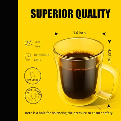 PunPun Coffee 12oz.350ml Glass Mugs Espresso Cups Coffee Glass Cups Champagne Glass Clear Drinking Cups, Tea Cups Wine Glass, Microwave Safe Borosilicate Glass Cup (12 OZ./Set of 2) - color: 350ml / set of 2