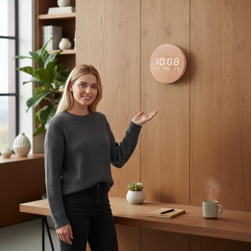 Wooden Silent Non-Ticking Wall Clock, Wood Moon Cordless Aesthetic Modern Alarm, Large LED Digital Round Clock for Living Room Bedroom -Display With Date,Temperature&Calendar(Brown Rechargeable) - size: Brown Rechargeable