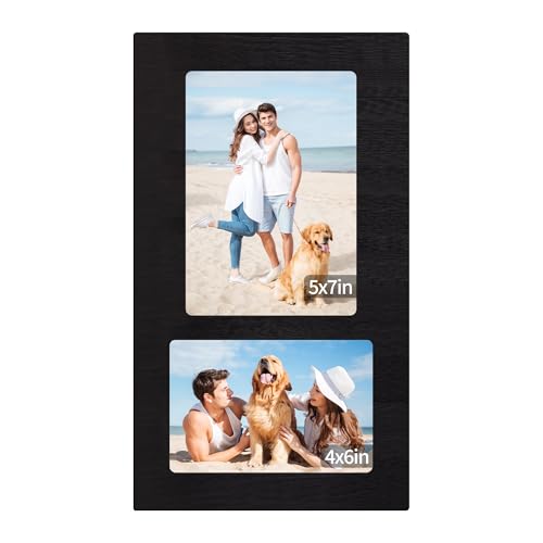 YESKAY 4x6 and 5x7 Collage Picture Frame - 2 Opening Picture Frames Rustic Black Wood Frame with Real Glass,Display 4 by 6 and 5 by 7 Photo Frames Wall Decor or Tabletop 1 Pack - color: Rustic Black, size: 4x6&5x7 - 2 Opening(OD:7.5X12.9in)