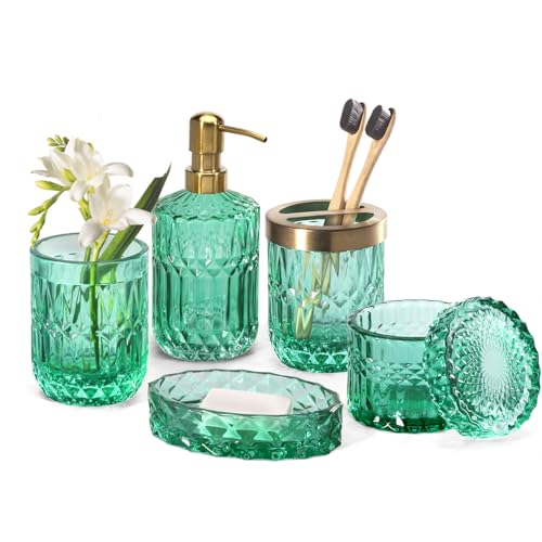 EMPO 6PCS Bathroom Clear Glass Accessories Set (Lotion Soap Dispenser, Soap Dish, Toothbrush Holder, Tumbler, Cotton Swab Jar), Contemporary Modern Decor Crystal Vintage Gift (6pcs Vintage Jade) - style: 6pcs Vintage Jade