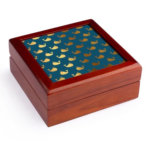 3dRose Cute Faux Gold Whale Pattern On Blue Jewelry Box 7 x 7 inch with 4 inch tile