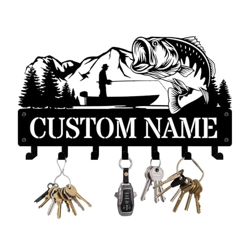 NIWAHO Personalized Key Holder Wall Mount Bass Fish Metal Key Hooks – Custom Name Key Rack for Entryway, Kitchen, Coat Storage, Fishing Home Decor, Fisherman Gift for Dad - color: Bass Fish