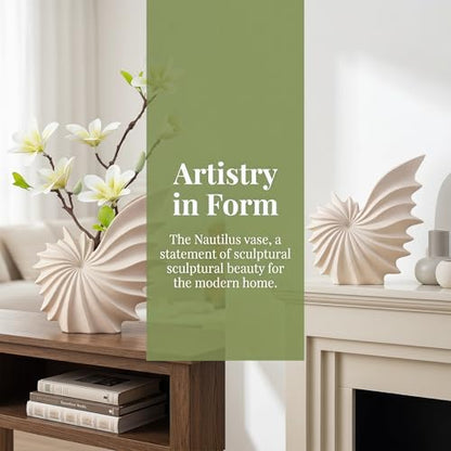 White Ceramic Seashell Vase for Pampas Grass and Flowers | Modern Tabletop Coastal Home Decor Accent for Living Room, Coffee Table, Entryway, Bookshelf and Dining Table