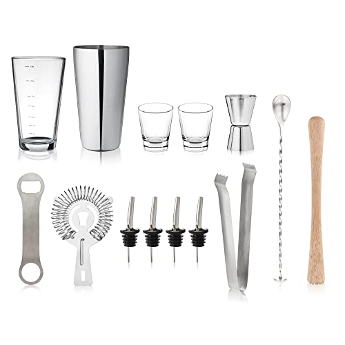 True 14-Piece Barware Set with Wood Stand for Mixing Cocktails and Drinks, Perfect Home Bar Accessories, Mixology Bartender Kit, Bartending Supplies - size: 14-Piece