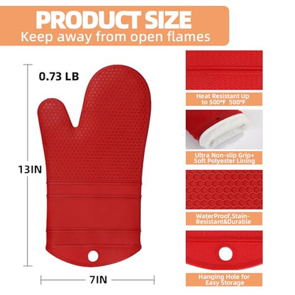 YUTAT Silicone Oven Mitts,Heat Resistant 2PCS Oven Mitts with Soft Polyester Filling,Kitchen Potholder Set - Perfect for BBQ, Baking and Cooking,RED,2 Pcs Set - color: Red-honeycomb Surface, size: 13“L x 7"W-2 Piece