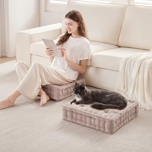 Intelligent Design Floor Pillow Meditation Cushion, 20x20 Blush | Sitting for Adults Yoga, Shredded Foam Filled, Chenille Tufted Cover, Handsewn Scalloped Edge, OEKO-TEX Certified - color: Blush