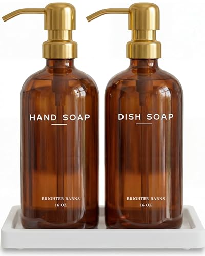 Luxury Glass Hand and Dish Soap Dispenser Set with Tray by Brighter Barns - Kitchen Soap Dispenser with Tray and Pump for Kitchen Sink - Luxury Home Decor for Airbnb, Restaurant, Hotel (Amber/Gold) - color: Amber/Gold Hd