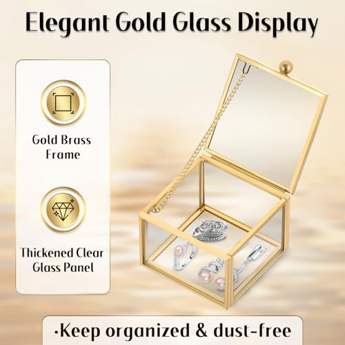 MYFULLY Vintage Gold Glass Jewelry Box 2.36"x 2.36"x 1.77" | Small Square Lidded Keepsake & Trinket Box for Rings, Earrings, Bracelets, Cards, Home and Vanity Display