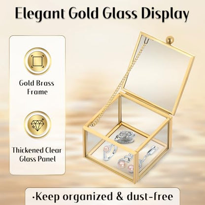 MYFULLY Vintage Gold Glass Jewelry Box 2.36"x 2.36"x 1.77" | Small Square Lidded Keepsake & Trinket Box for Rings, Earrings, Bracelets, Cards, Home and Vanity Display