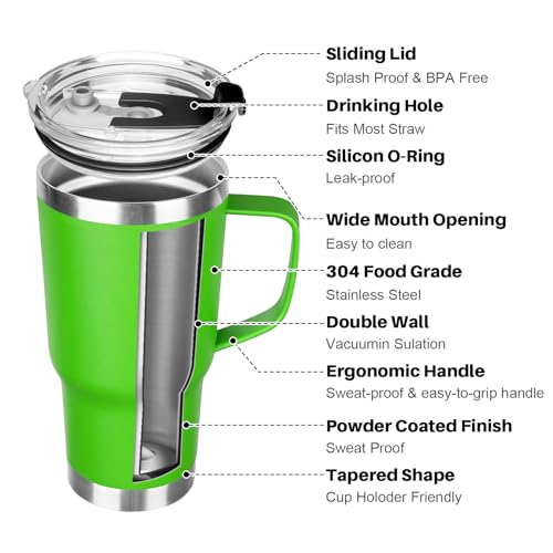 20 oz Tumbler with Handle, Stainless Steel Insulated Tumbler with Lid and Straw, Double Wall Vacuum Coffee Mug Tumbler, Insulated Coffee Thermal Cup for Cold and Hot (Bright Green, 20, ounces) - color: Bright Green, size: 20 Ounces