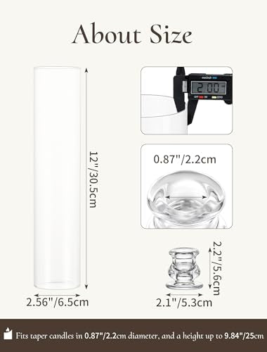 Hurricane Glass Candle Holders: 12" Tall Cylinder Cover Set of 10 | for 0.87" Taper, Windproof Chimney Cover, Clear Candlestick Holder for Wedding Table Centerpiece, Party, Birthday, Christmas - size: 12" H - 10 Pcs