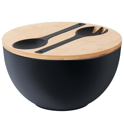 12.6" Extra Large Salad Serving Bowl Set with Wooden Lid&Utensils, 8.4Qt., Bamboo Fiber Salad Bowl with Servers for Kitchen, Big Bowl for Mixing Salad,Fruit,Pasta (Matte Black) - color: Matte Black, size: 12.6 inch