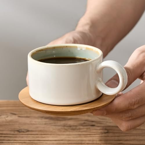 LUKA 6 Ounce Porcelain Stackable Espresso Cups with Saucers and Metal Stand Set of 4, Ceramic Cappuccino Cups Set for Specialty Coffee Drinks, Latte, Cafe Mocha and Tea, White Green Interior - color: White-Green