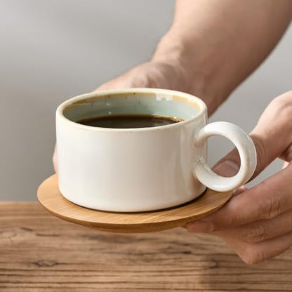 LUKA 6 Ounce Porcelain Stackable Espresso Cups with Saucers and Metal Stand Set of 4, Ceramic Cappuccino Cups Set for Specialty Coffee Drinks, Latte, Cafe Mocha and Tea, White Green Interior - color: White-Green