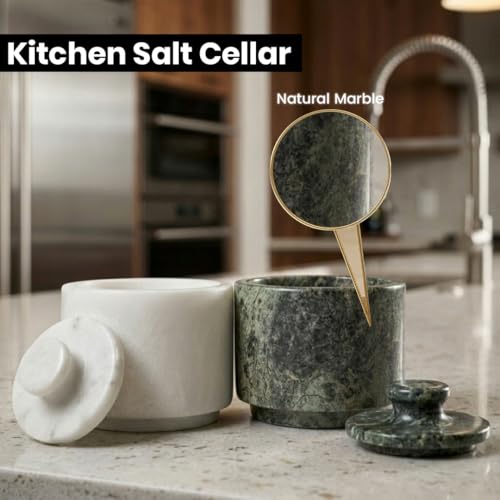 Marble Salt Cellar with Lid - Stone Salt Container for Countertop, Salt Box Keeper for Kitchen Counter, 3.5 oz OceanicX Marble Cellar (White Jungle Green) - color: White Jungle Green