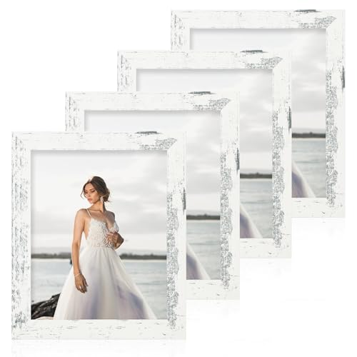iRahmen 8x10 Picture Frame Set of 4, High Definition Glass Distressed White Frame, 8 x 10 Wood Photo Frames for Tabletop Display and Wall Mounting - color: Distressed White, size: 8X10