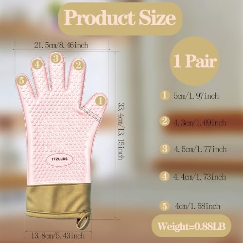Silicone Oven Gloves with Fingers Heat Resistant 450°F in Kitchen | 1Pair Silicone Oven Mitts, Waterproof, Non-Slip, Extended Cuff Cotton Lined Kitchen Mitts for Baking Cooking Barbecue (Pink) - style: pink-large