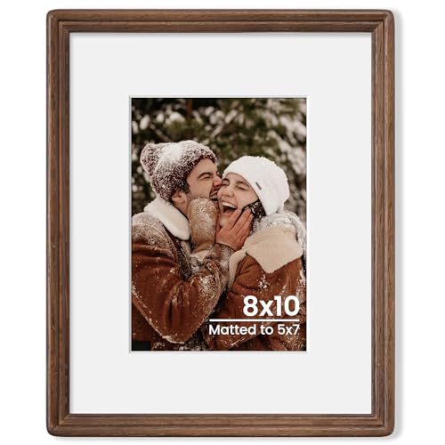 8x10 Natural Solid Oak Wood Picture Frame with 5x7 Mat, Premium Rustic Wooden Photo Frames with Plexiglass, Poster Photo Frame Suitable for Gallery Wall Mount or Tabletop Display, Walnut - color: Walnut, size: 8x10-1P