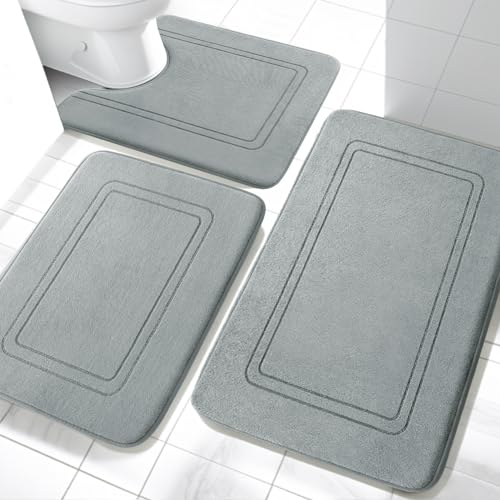 Memory Foam Bath Mat Set, Non Slip Bath Mats for Bathroom, Super Soft and Water Absorbent Bath Rug Set, Machine Washable U Shape Toilet Mats, Light Grey - color: Light Grey, size: 3pieces